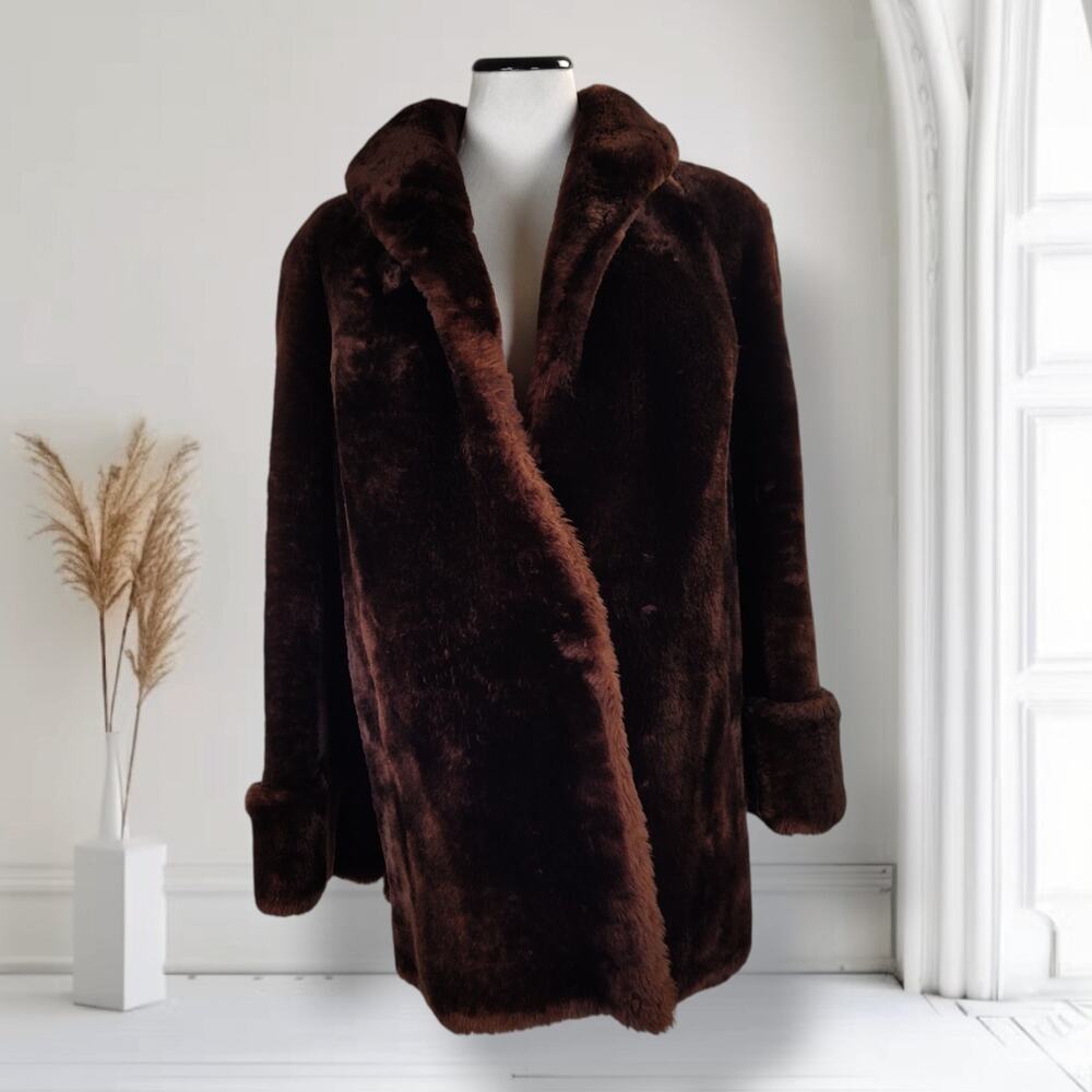 Vintage Joseph Magnin Mouton Fur Swing Coat Brown Sheared Sheepskin Womens L 14
